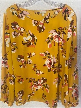 Talbots Gentle Mustard Floral Blouse with Pink and Brown Accents size L Fanciful